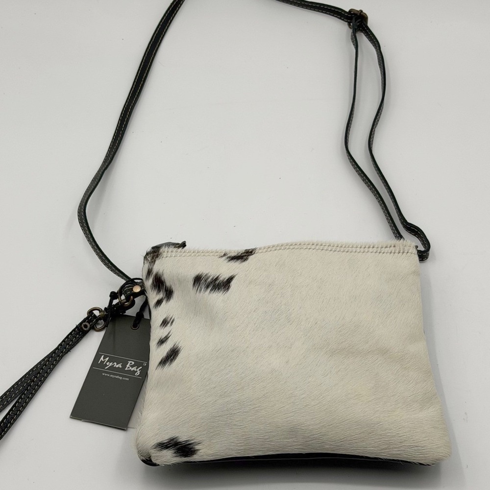 Myra Bag Cowhide Leather Crossbody Wristlet Small Black White Animal Print NWT